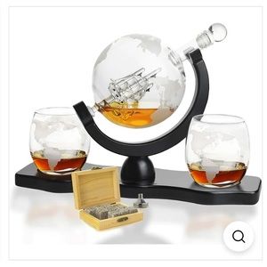 The Wine Savant Whiskey Decanter Set w/ 2 Etched Globe Glasses 850mL NEW